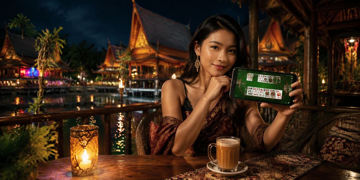 Pemain rummy Sarawak bermain permainan kad dalam talian dengan gaya Melayu yang santai